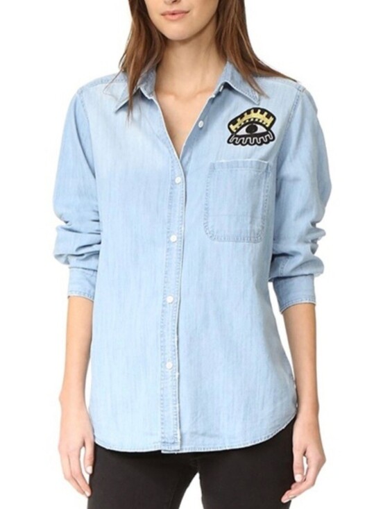 Rails Tops - RAILS CLEOPATRA Light Wash Denim Button-Up Shirt with Eye Patch, Size XS.